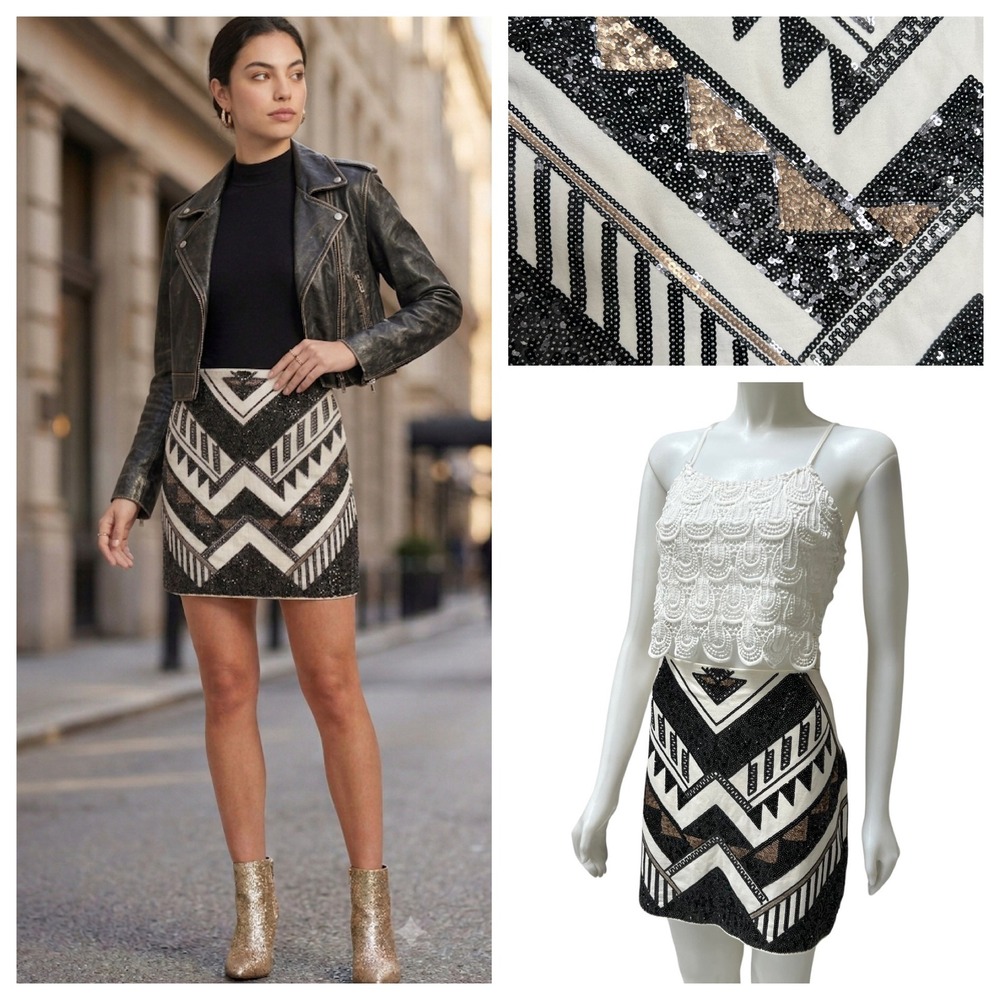 Express Sequin Mini Skirt Black White Aztec Tribal Print Art Deco Size Large